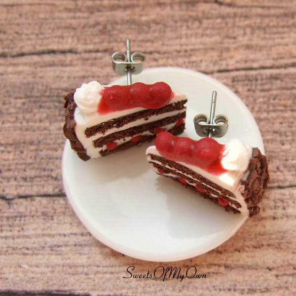 Black Forest Gateau Cake Earrings - Stud Earrings - Food Accessory - Handmade in UK with Polymer Clay - MTO