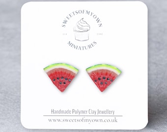 Watermelon Slices Stud Earrings - Summer Fruit, Handmade Polymer Clay Food Jewellery