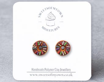 Chocolate Doughnut Stud Earrings - Rainbow Sprinkles + Plain, Handmade Polymer Clay Food Jewellery