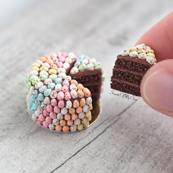 Miniature Chocolate Cake Covered with 216 Mini Eggs - Easter Theme - Bakery Item for Doll House 1:12 Scale - Made in the UK
