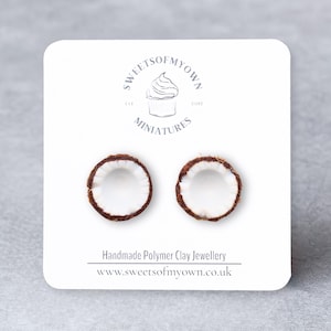Coconut Halves Stud Earrings - Tropical Fruit, Handmade Polymer Clay Food Jewellery