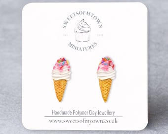 Vanilla Ice Cream Cones Stud Earrings - Sprinkles + Plain, Soft Serve, Handmade Polymer Clay Jewellery