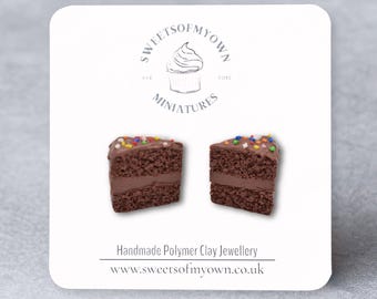 Chocolate Cake Slices Stud Earrings - Sprinkles, Handmade Polymer Clay Food Jewellery, Birthday Gift