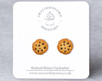 Cookie Stud Earrings - Chocolate Chip + Rainbow, Handmade Polymer Clay Food Jewellery