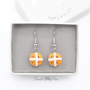 Hot Cross Bun Earrings - Dangle Drop Earrings - Cute Easter Jewellery - Made in UK with Polymer Clay - MTO
