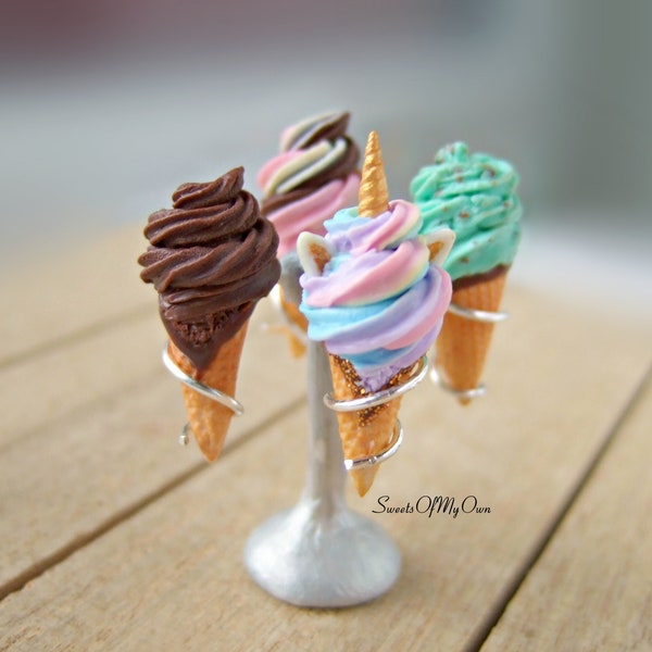 Ensemble de supports miniatures pour glaces - Menthe, chocolat, napolitaine, licorne - Miniatures pour maisons de poupées - MTO