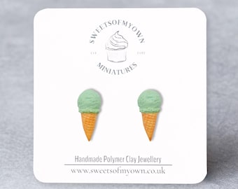 Mint Ice Cream Cone Stud Earrings - Handmade Polymer Clay Food Jewellery, Summer