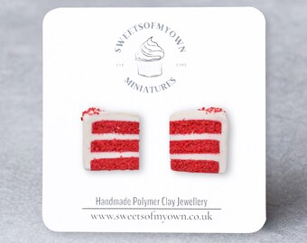 Red Velvet Cake Slice Stud Earrings - Handmade Polymer Clay Food Jewellery, Valentines Gift