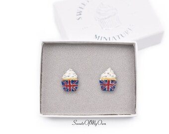 Union Jack Cupcake Stud Earrings - Jubilee Celebration Jewellery - Handmade in UK with Polymer Clay