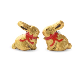 Gold Foil Chocolate Bunny - Stud Earrings - Easter Jewellery - Handmade in UK with Polymer Clay