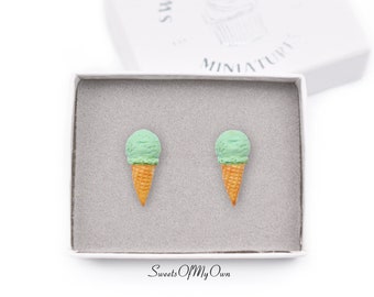 Mint Scoop Ice Cream Cones - Stud Earrings - Food Jewellery - Handmade in UK with Polymer Clay