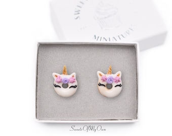 Smiling Unicorn Doughnut Earrings - Stud Earrings - Donut Jewellery - Handmade in UK with Polymer Clay