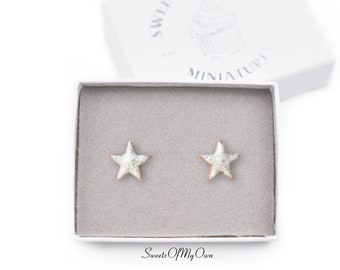Gingerbread Star Biscuit - Stud Earrings - White Icing with Glitter - Christmas Jewelry - Handmade in the UK using Polymer Clay
