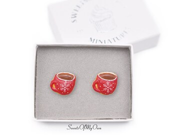 Christmas Red Themed Hot Drink Biscuit - Stud Earrings - Christmas Jewelry - Handmade in the UK using Polymer Clay