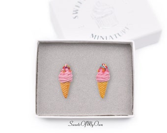 Strawberry Swirly Ice Cream Cones - Stud Earrings - Food Jewellery - Handmade in UK with Polymer Clay