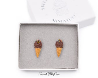 Chocolate Scoop Ice Cream Cones - Stud Earrings - Food Jewellery - Handmade in UK with Polymer Clay