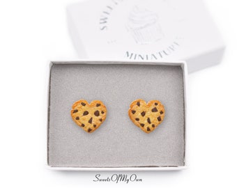 Heart Cookie Earrings - Stud Earrings - Chocolate Chip Cookie - Valentines Jewellery - Handmade in the UK - MTO