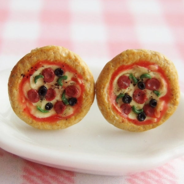 Pizza Earrings - Stud Earrings - Miniature Whole Supreme Pizza Stud Earrings - Food Jewellery - Handmade in UK with Polymer Clay