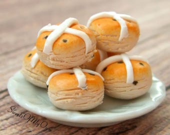Miniature Hot Cross Buns Set - Dolls House Bakery Food, 1:12 Scale - Easter Gift