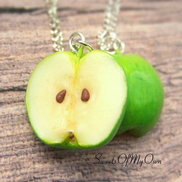 Apple Necklace - Green Apple Half - Fruit Necklace- Summer Fruit Jewellery - Handmade in the UK with Polymer Clay