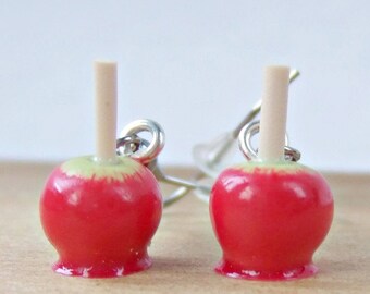 Red Toffee Apples Dangle Earrings - Caramel, Handmade Polymer Clay Food, Autumn Jewellery