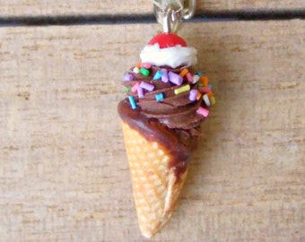 Chocolate Ice Cream Cone Charm - Necklace/Keychain, Rainbow Sprinkles, Handmade Polymer Clay Food Jewellery