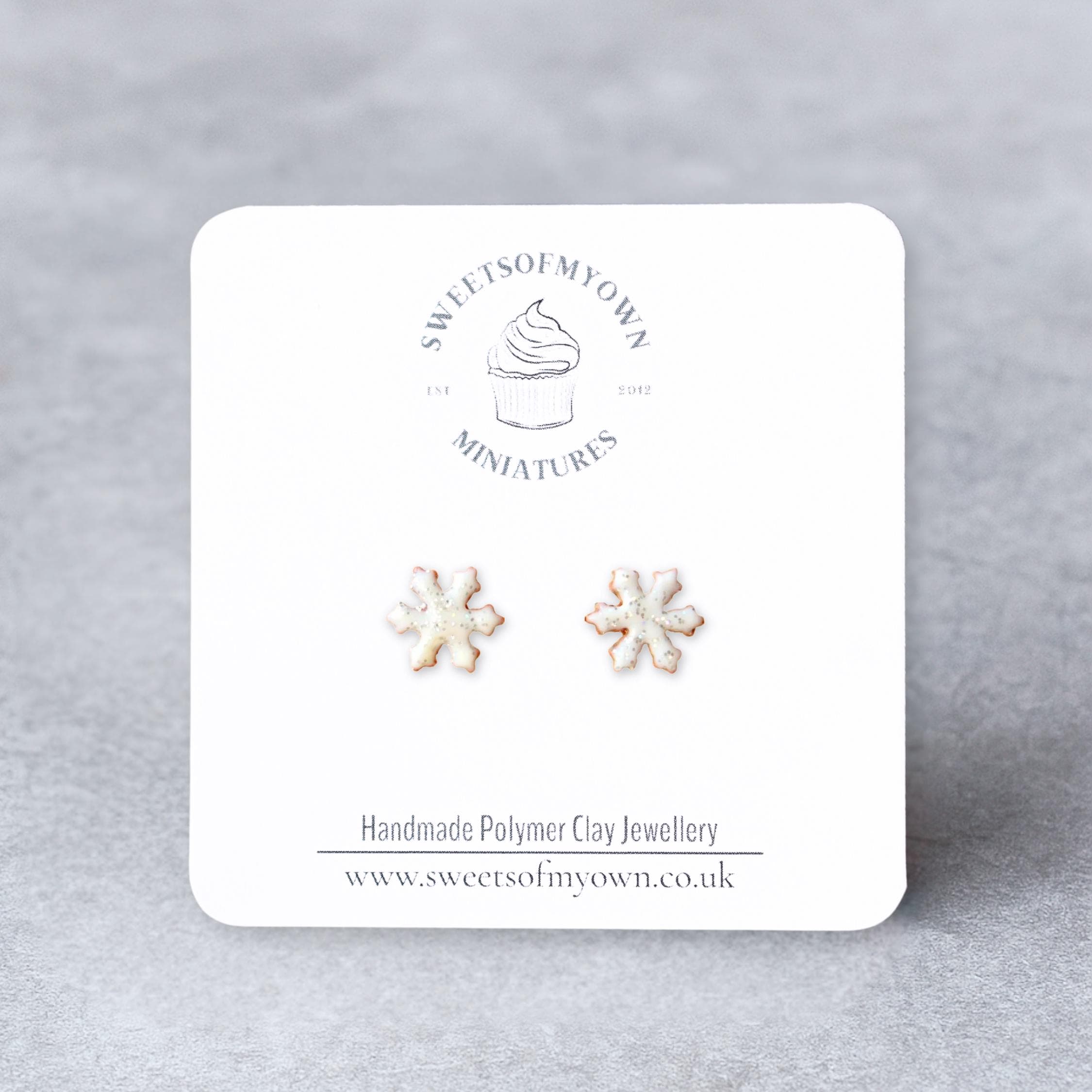White Snowflake Stud Earrings - Glitter Biscuits, Handmade Polymer Clay Food Jewellery, Christmas
