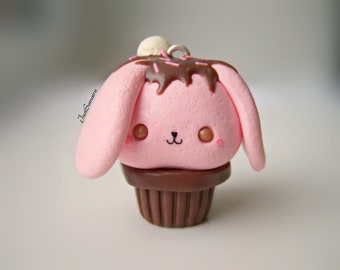 Pink Bunny Ice Cream Kawaii Cupcake - Necklace/Charm/Keychain - Handmade in UK with Polymer Clay