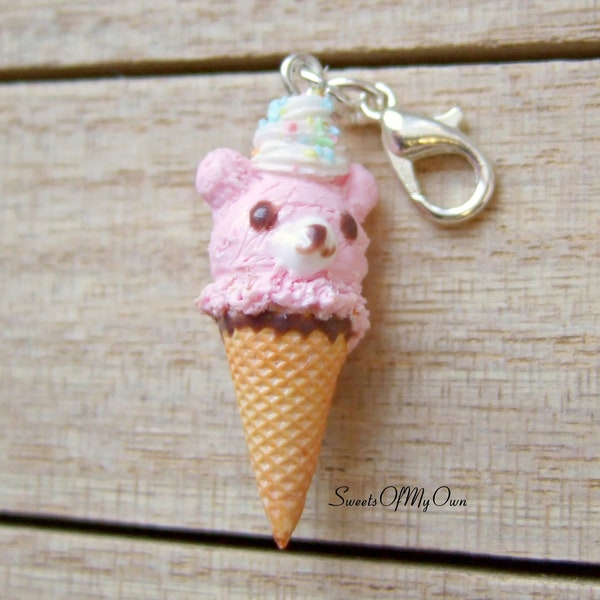 Pink Bear Ice Cream Charm - Collier/Charme - Accessoire mignon - Fait à la main au Royaume-Uni avec de l’argile polymère