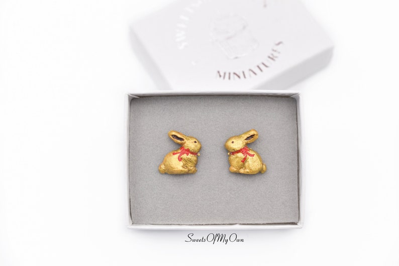 Gold Foil Chocolate Bunny Stud Earrings Easter Jewellery Handmade in UK with Polymer Clay image 1