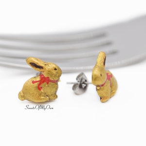 Gold Foil Chocolate Bunny Stud Earrings Easter Jewellery Handmade in UK with Polymer Clay image 4