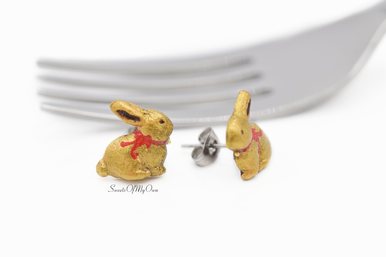 Gold Foil Chocolate Bunny Stud Earrings Easter Jewellery Handmade in UK with Polymer Clay image 4
