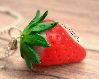 Strawberry Charm - Necklace/Charm/Keychain - Strawberry Fruit Jewellery - Bright Red - Handmade in UK with Polymer Clay - MTO