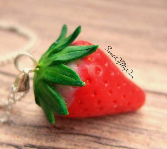 Red Strawberry Charm - Necklace/Keychain, Summer Fruit, Handmade Polymer Clay Food Jewellery