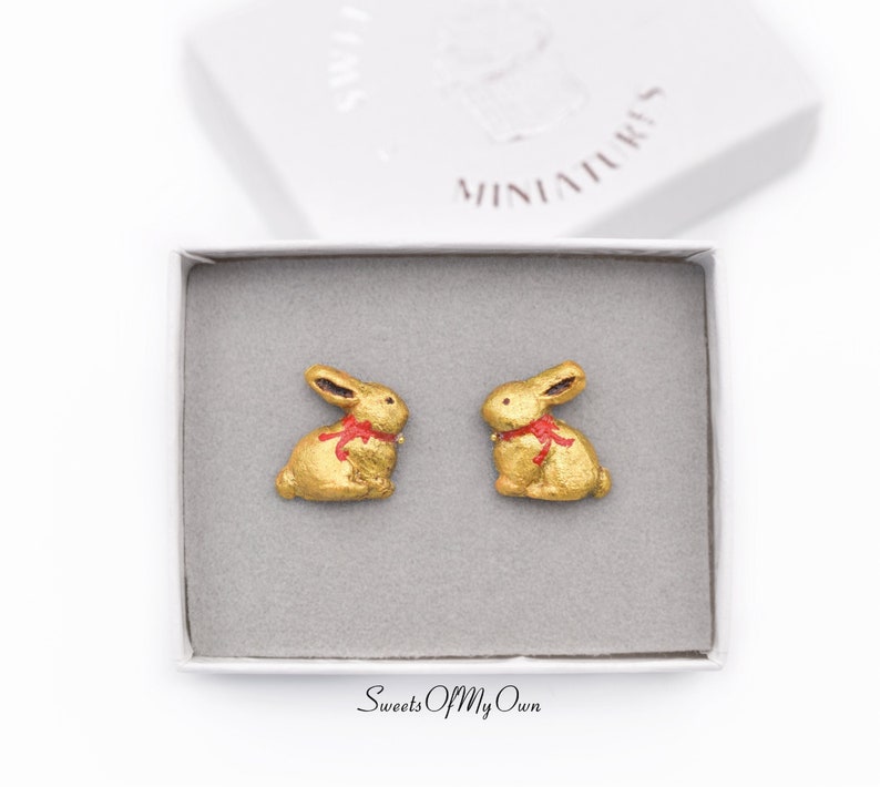 Gold Foil Chocolate Bunny Stud Earrings Easter Jewellery Handmade in UK with Polymer Clay image 2