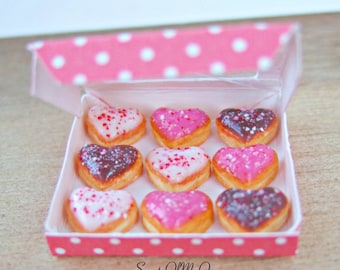 Miniature Box of Heart Doughnuts Crushed Sprinkles - Dolls House Miniature Food - Bakery Item for Doll House 1:12 Scale