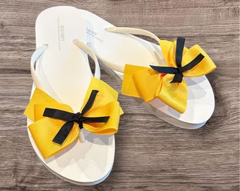 Handcrafted Bow Flip Flops: Black, White, and Yellow Ribbon Sandals