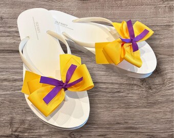 Handcrafted White Flip Flops with Yellow & Purple Bow