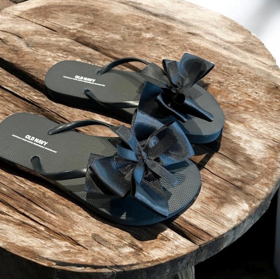 Handcrafted Black Bow Flip Flops - Beach, Pool, Party Sandals