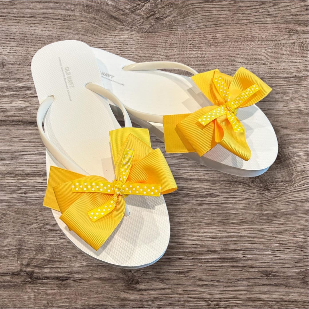 Women’s Black or White Flip Flops With Yellow Bow Yellow Polka Dot ...