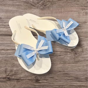 Beach Wedding Sandal, Bridal Sandal, Bridesmaid Sandal, Reception, Boy Baby Shower, Summer, White Flip Flops Sandals Light Soft Blue Bow