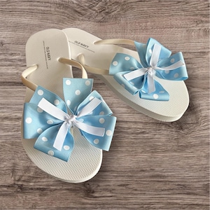Beach Wedding Sandal, Bridal Sandal, Bridesmaid Sandal, Reception, Boy Baby Shower, White Flip Flops Sandals Light Soft Blue Bow polka dot
