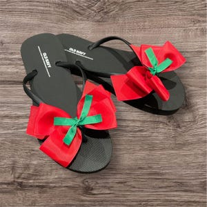 Women’s Cute Christmas in July Flip Flop Sandals with Red Bows You Choose White or Green Accent Ribbon
