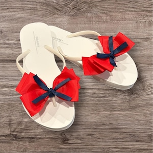 American Flag USA Flip Flops Sandals with Bow Patriotic 4th of July Red White Navy Blue Summer Shoes Beach Pool Fireworks Stars and Stripes