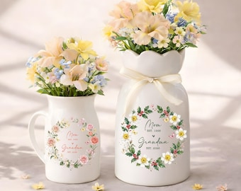 Jarrón de cerámica personalizado con flores del mes de nacimiento de la abuela, jarrón de flores para la abuela, regalo del Día de la Madre, anuncio de embarazo, regalo de cumpleaños para mamá.