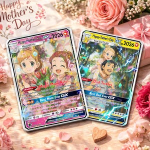 May include: Two illustrated trading cards for Mother's Day and Father's Day. The Mother's Day card shows two girls with flowers, and the Father's Day card depicts a father and child. Pink roses and a gift box surround the cards.
