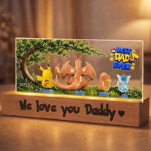 Personalized Pokémon Father’s Day Night Light, Custom Dad Gift with Kids Names, Pikachu Squirtle Family Acrylic LED Lamp, Gift for Daddy
