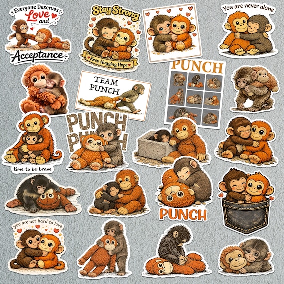 20 Pcs Baby Monkey Punch Stickers Pack, Viral Monkey Punchi Decal, Cute Baby Monkey With Plush Toy, Emotional Support Animal Sticker