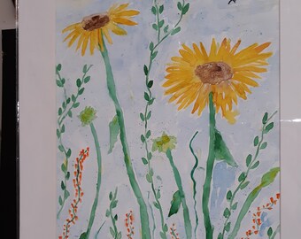 Acuarela original de girasoles/pintura de acuarela/girasoles/arte de pared