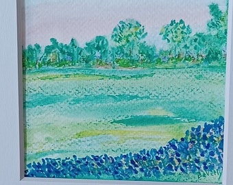 Paisaje de acuarela/ Original no es una impresión/pintura de acuarela/pintura de bluebonnet/arte de bluebonnet